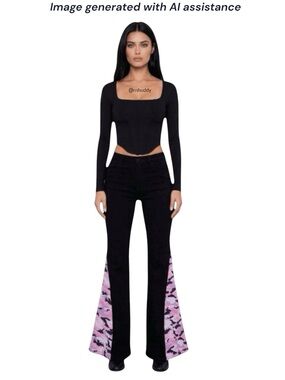 NWT Dolls Kill Sugar Thrillz XS black pink camo super flare pants